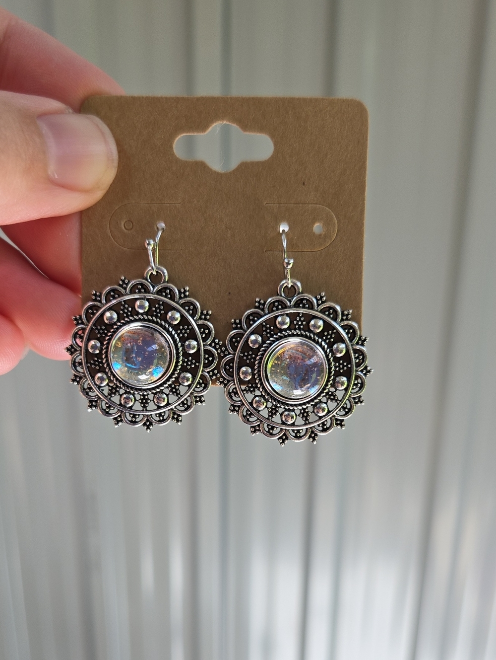 Silver-Tone Holographic Center Sunburst Drop Earrings